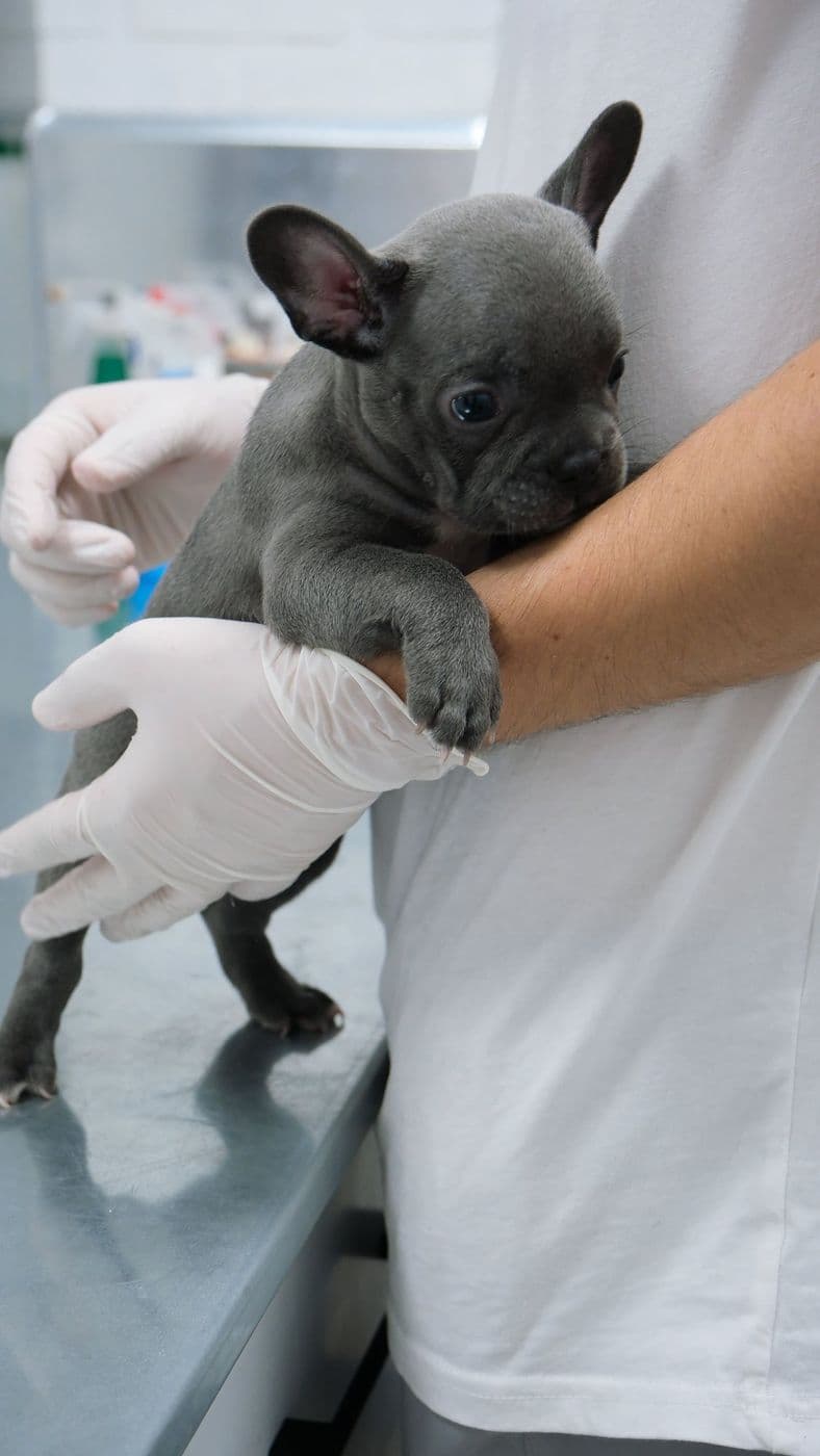 A grey French bulldog puppy held steady on a consulting table by gloved hands